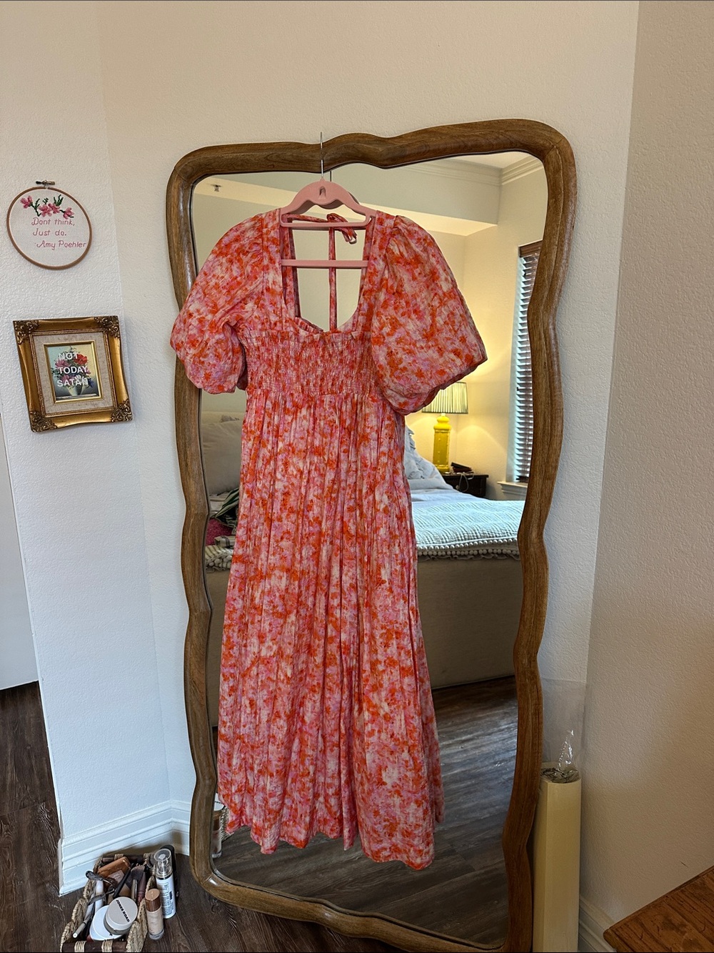 Anthropologie Coral-Orange Floral Puff-Sleeve Maxi Dress